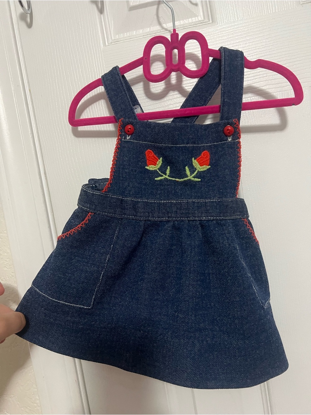 Vintage Carters Denim Pinafore Dress with Red Rose Embroidery